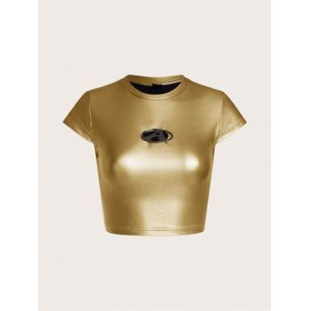 Tricou scurt cu imprimeu, auriu, dama, Shein