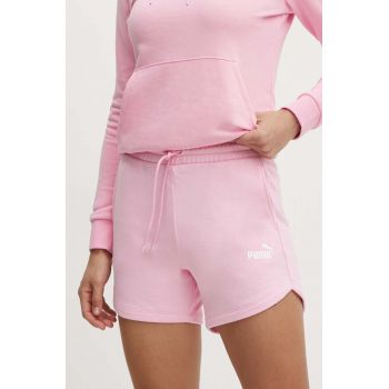 Puma pantaloni scurti Essentials femei, culoarea roz, neted, high waist ieftini