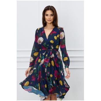 Rochie Denisa bleumarin cu flori galbene si cordon in talie