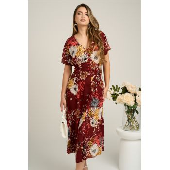 Rochie din viscoza bordo cu imprimeuri florale caramizii