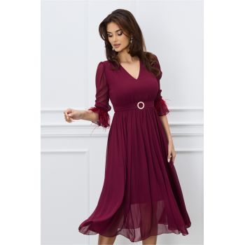 Rochie DY Fashion bordo cu pene la maneci si accesoriu in talie