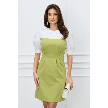 Rochie DY Fashion verde olive cu bust alb si guler ieftina