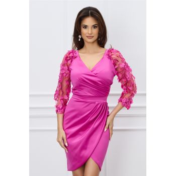 Rochie Ella Collection Alison fucsia cu broderie si paiete pe maneci