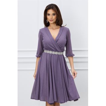 Rochie Ella Collection Julia lila cu glitter si cordon stralucitor in talie