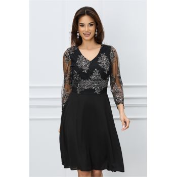 Rochie Karla neagra cu broderie argintie la bust