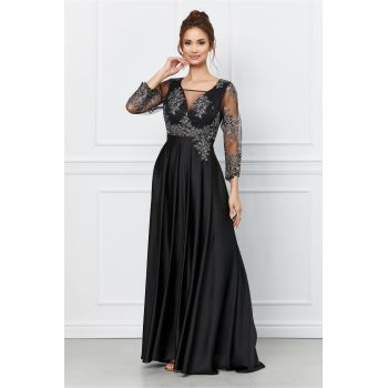 Rochie Mella lunga neagra cu broderie la bust