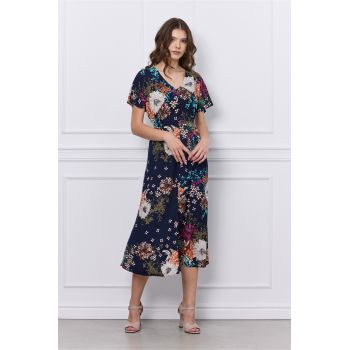 Rochie Mona bleumarin cu imprimeuri florale caramizii