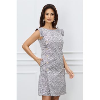 Rochie Moze gri din jacquard cu nasturi decorativi