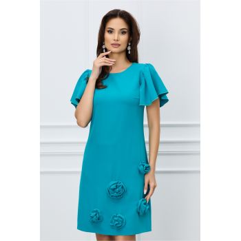 Rochie Moze turcoaz cu flori decorative la baza