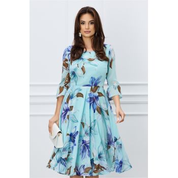 Rochie Oana verde mint cu imprimeuri florale albastre