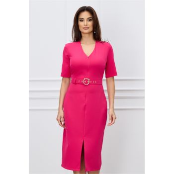 Rochie Ramona fucsia cu fermoar la bust si curea in talie