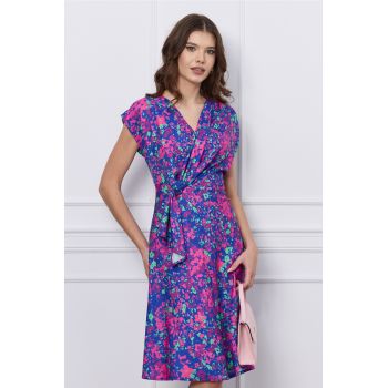 Rochie Sara albastra cu imprimeu floral fucsia si verde