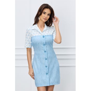 Rochie Theo bleu tip camasa cu nasturi si imprimeu geometric la bust