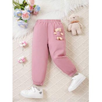 Pantaloni lungi cu aplicatie ursulet, roz la reducere