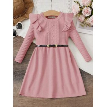 Rochie midi din tricot, cu volane, roz, fete, Shein la reducere