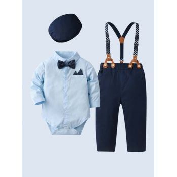 Set costum cu body stil camasa si pantaloni cu bretele, albastru, baieti, Shein de firma original