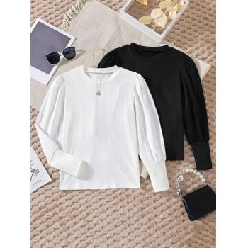 Set din 2 bluze cu imprimeu uni, alb-negru