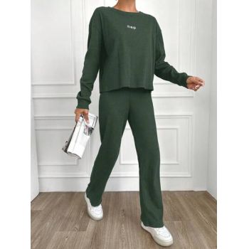 Set pijama, bluza cu imprimeu scris si pantaloni lungi, verde, dama, Shein