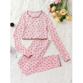 Set pijama cu bluza cu pantaloni, imprimeu, roz, fete