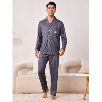 Set pijama cu pantaloni lungi si camasa, imprimeu, albastru, barbati, Shein