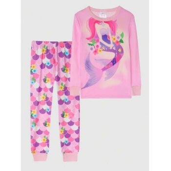 Set pijama din bluza si pantaloni, imprimeu, roz la reducere