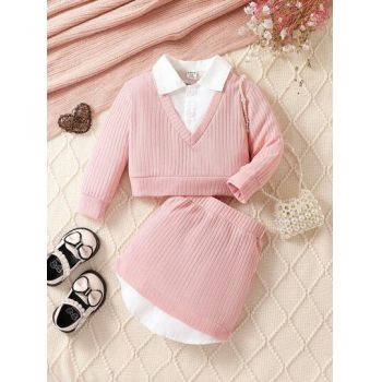 Set pulover si fusta mini, cu talie inalta, roz, fete