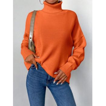 Pulover din tricot cu guler inalt si maneca lunga, portocaliu, dama, Shein ieftin