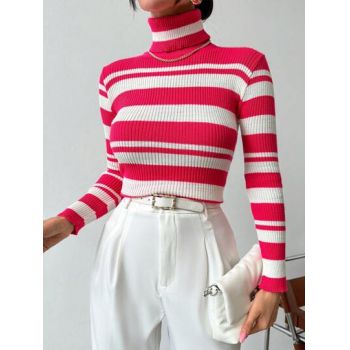 Pulover din tricot, cu model in dungi si guler inalt, roz, dama, Shein de firma original
