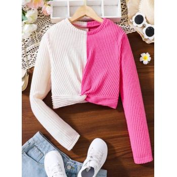 Bluza cu model in 2 culori si maneca lunga, roz, fete, Shein ieftina