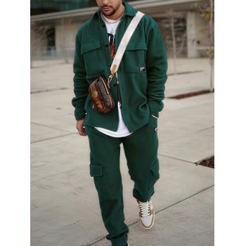Set jacheta cu nasturi si pantaloni lungi cu buzunare, verde, barbati, Shein de firma original