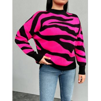 Pulover din tricot, cu imprimeu abstract si maneca lunga, roz, dama, Shein ieftin