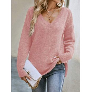 Pulover din tricot, cu maneci lungi si decolteu, roz, dama, Shein de firma original