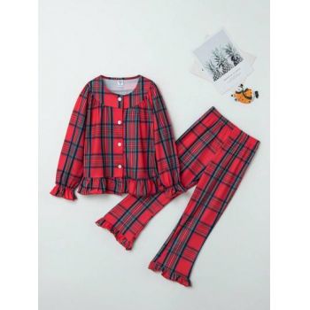 Set pijama, bluza cu nasturi si pantaloni lungi, rosu, fete, Shein de firma originale
