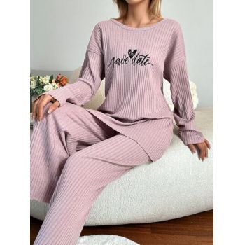 Set pijama cu imprimeu scris, bluza si pantaloni lungi, roz, dama, Shein