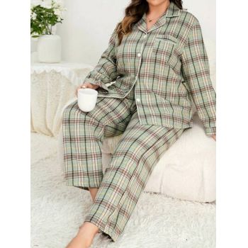 Set pijama in carouri, camasa cu nasturi si pantaloni lungi, verde, dama, Shein