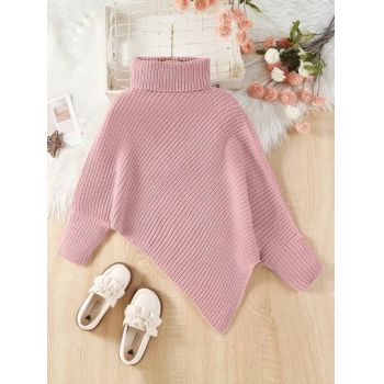 Pulover din tricot, asimetric, cu guler inalt, roz, fete, Shein