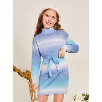 Rochie mini din tricot, cu guler si maneca lunga, albastru, fete, Shein ieftina