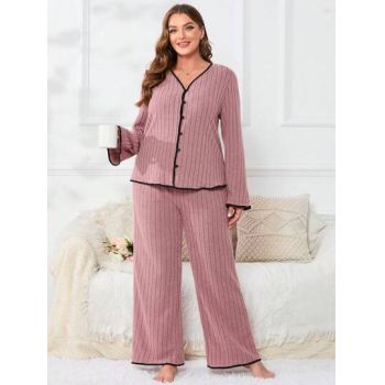 Set pijama, bluza cu nasturi si pantaloni largi, roz, dama Shein