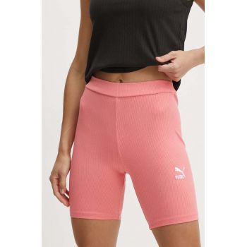 Puma pantaloni scurti femei, culoarea roz, cu imprimeu, high waist, 624267 ieftini