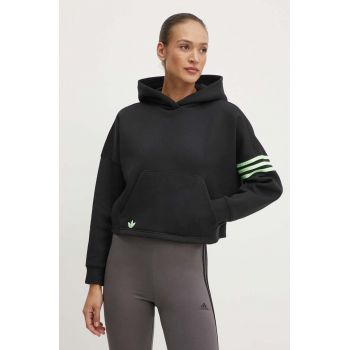 adidas Originals bluza femei, culoarea negru, cu glugă, cu imprimeu, IU2497 ieftin