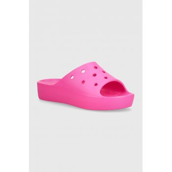 Crocs papuci Classic Platform Slide femei, culoarea roz, cu platforma, 208180 ieftini