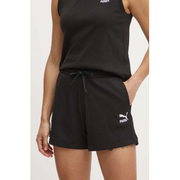 Puma pantaloni scurti femei, culoarea negru, cu imprimeu, high waist, 624254 de firma originali