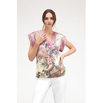 Bluza cu model floral - decolteu in V si maneci late ieftina