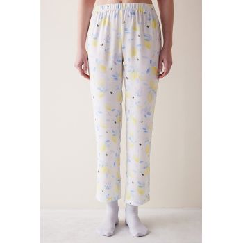 Pantaloni de pijama cu talie inalta si model cu fructe