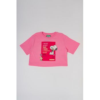 Tricou crop de bumbac cu imprimeu si decolteu la baza gatului