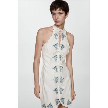 Rochie mini dreapta cu decolteu halter si broderie florala Margaret