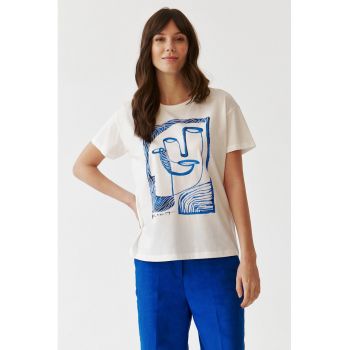 Tricou de bumbac cu decolteu la baza gatului si maneci cazute