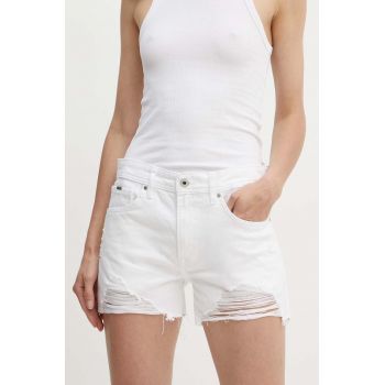 Pepe Jeans pantaloni scurti jeans femei, culoarea alb, neted, medium waist, PL801110TB9 de firma originali