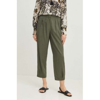 Medicine pantaloni din amestec de in femei, culoarea verde, lat, high waist