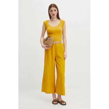 Medicine pantaloni din in femei, culoarea galben, fason culottes, high waist